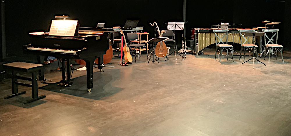 A group of instruments on stage without the musicians